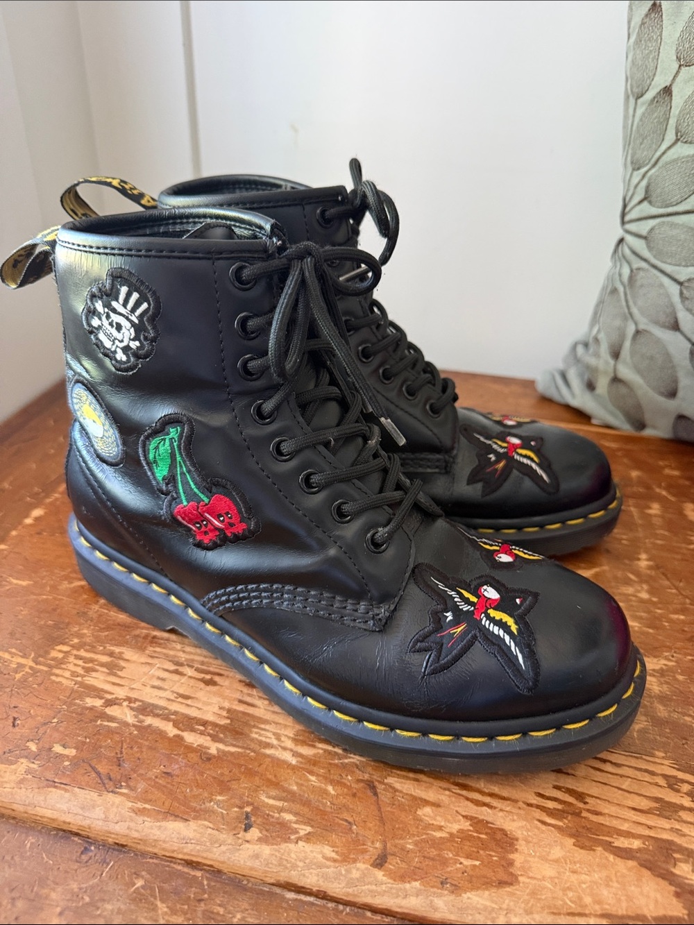 Dr Martens Black Lace-Up Patch Combat Boots - Birds, Cherry & Skull Accents - Picture 2 of 11